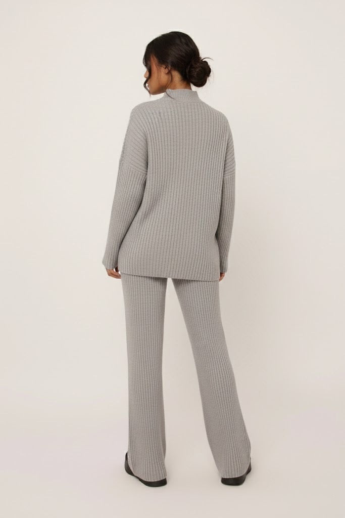 Light Grey Ribbed Knit Swirl Detail Loungewear Set