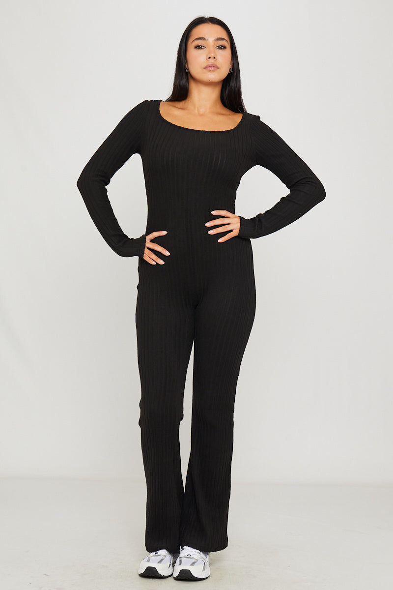 Black Rib Knit Square Neck Long Sleeve Jumpsuit