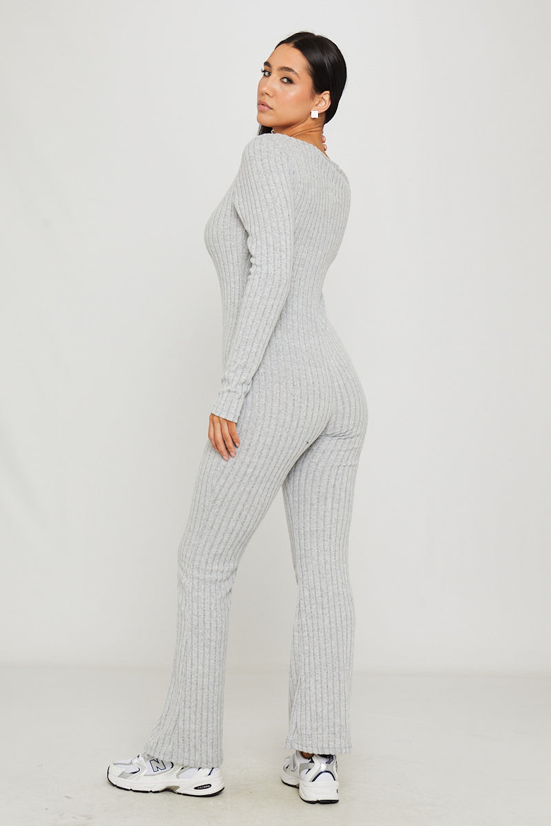 Light Grey Rib Knit Square Neck Long Sleeve Jumpsuit