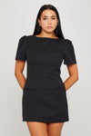 Black Short Sleeve Pleated Pocket Mini Dress
