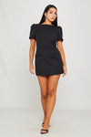 Black Short Sleeve Pleated Pocket Mini Dress