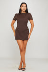 Brown Short Sleeve Pleated Pocket Mini Dress
