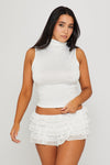 White Lace Ruffle Tiered Mini Shorts
