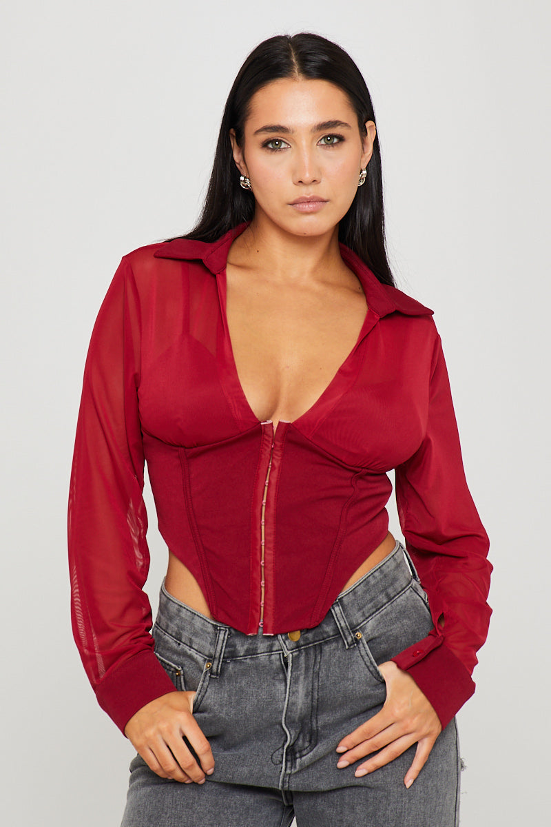 Burgundy Sheer Corset Detail Long Sleeve Top