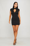 Black High Neck Hook Detail Bodycon Mini Dress