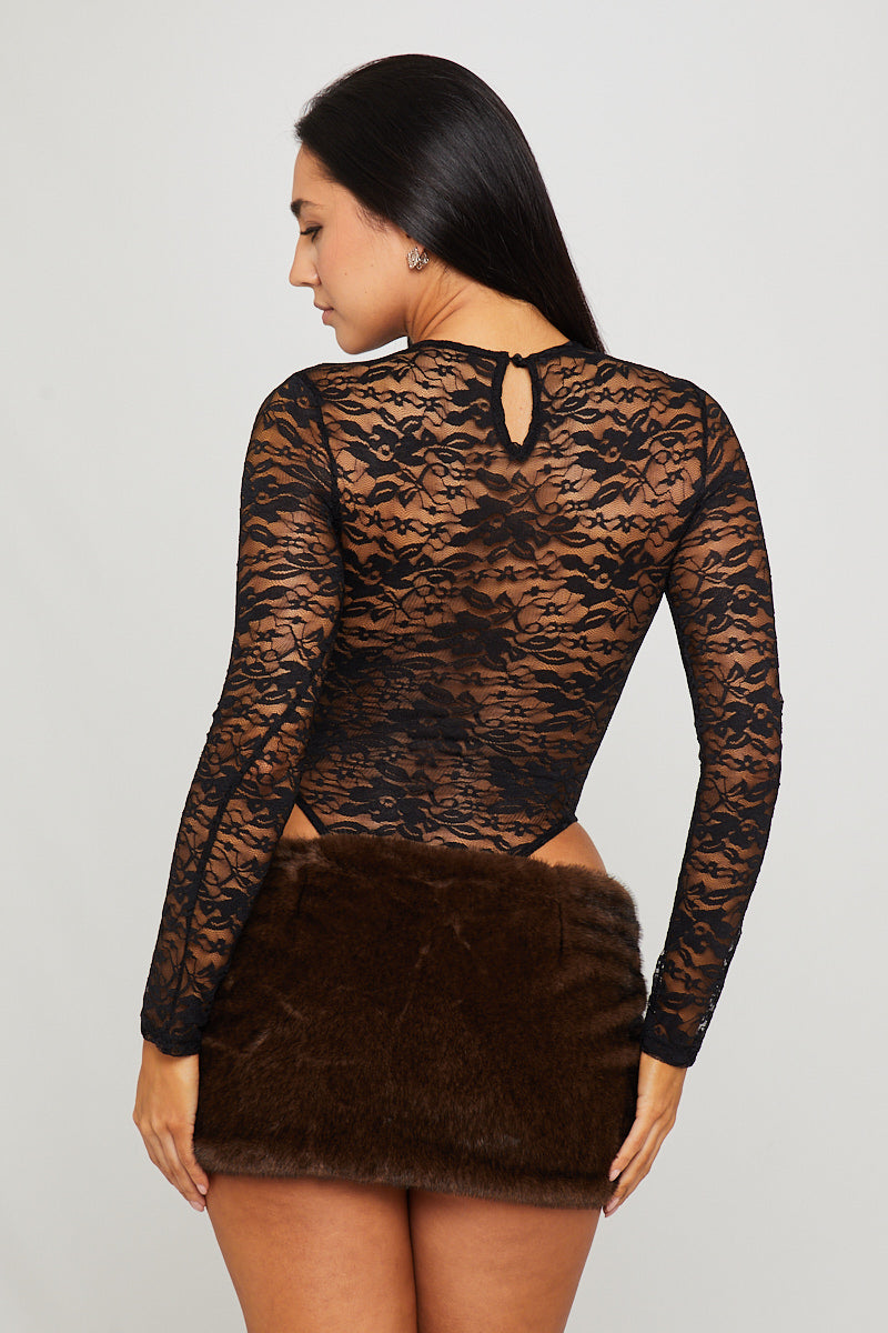 Black Lace Long Sleeve High Leg Bodysuit