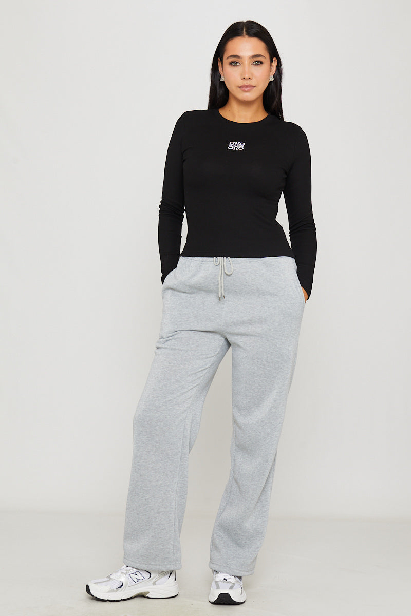 Black Rib Anagram Embroidered Long Sleeve Top