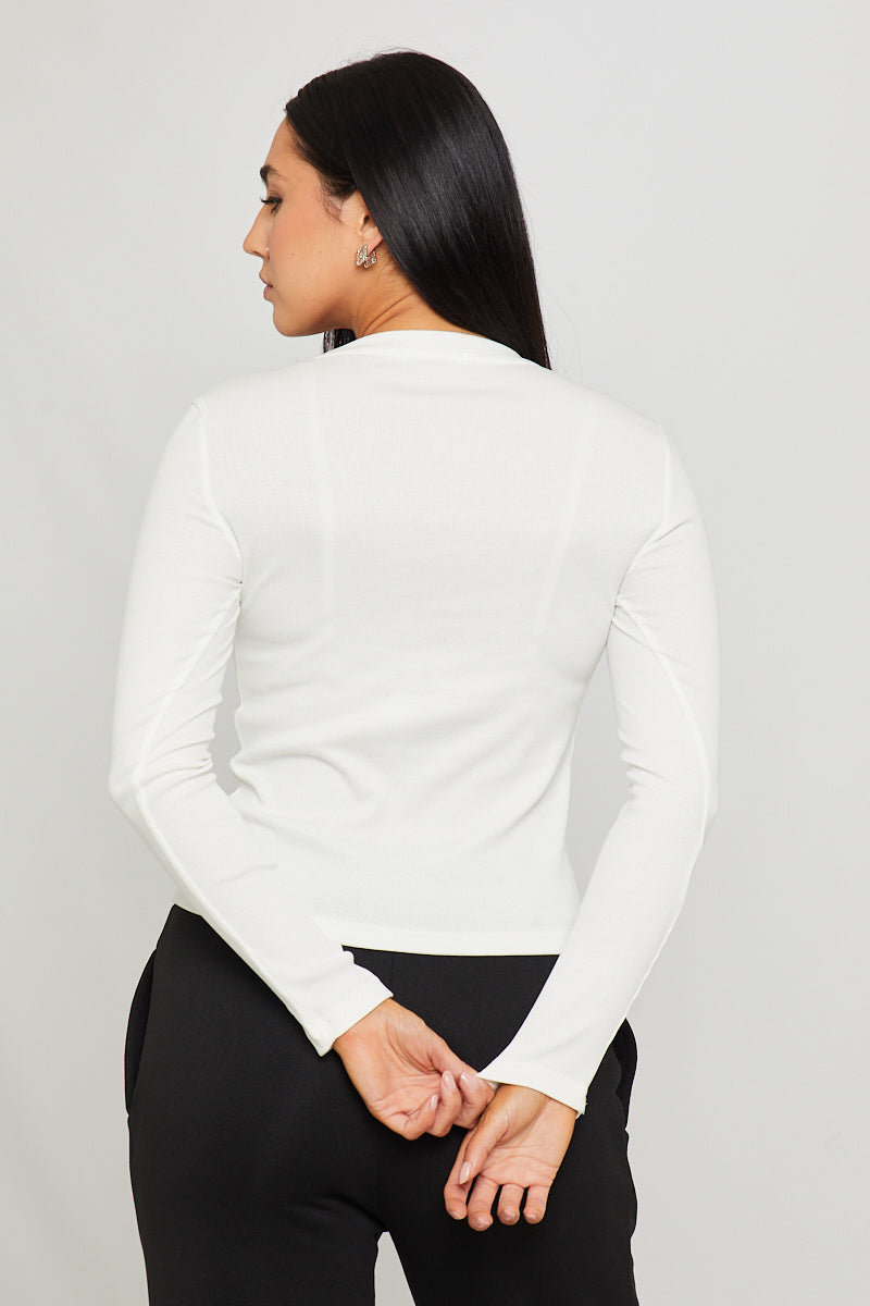 White Rib Anagram Embroidered Long Sleeve Top