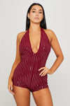 Wine Embellished Halter Neck Plunge Playsuit