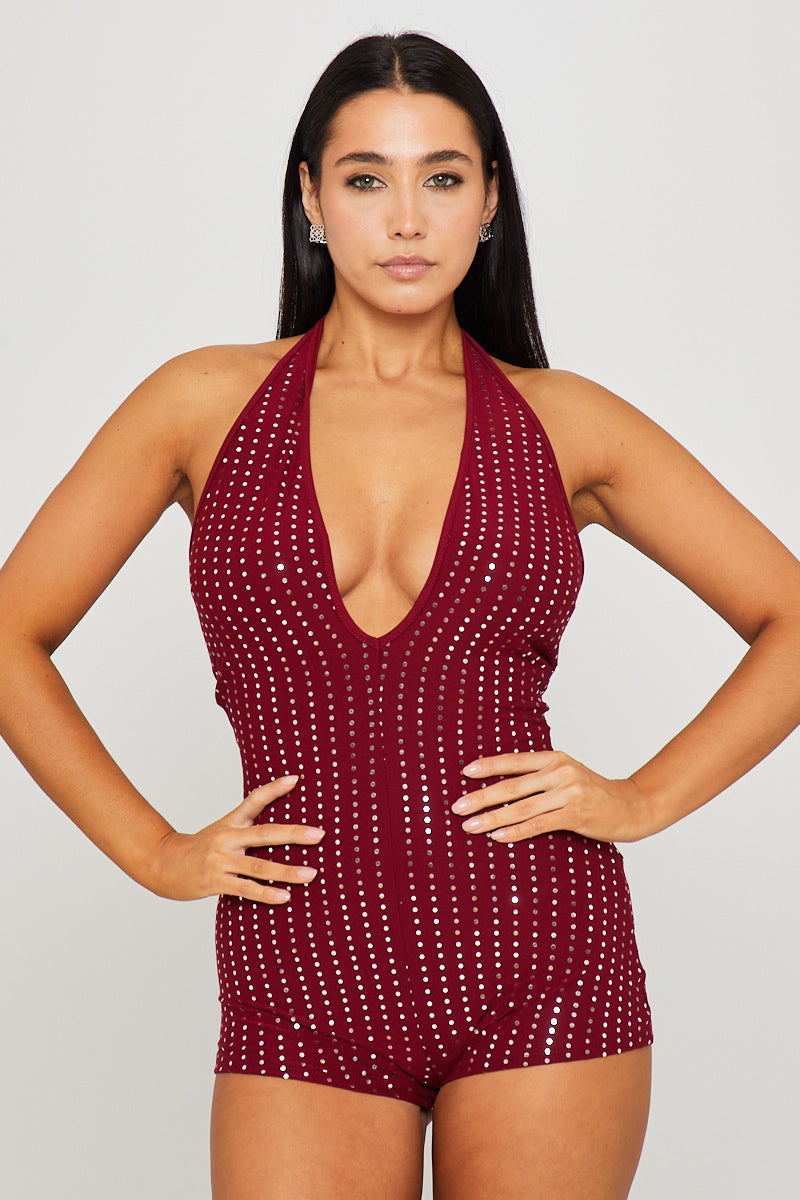 Wine Embellished Halter Neck Plunge Playsuit