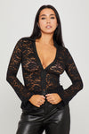Black Sheer Lace Button Front Long Sleeve Top