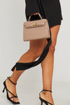 Taupe Faux Leather Top Handle Tote Bag