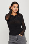 Black Semi Sheer Ruched Long Sleeve Wrap Top