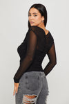 Black Semi Sheer Ruched Long Sleeve Wrap Top