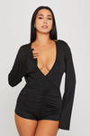 Black Ruched Open Back Long Sleeve Playsuit