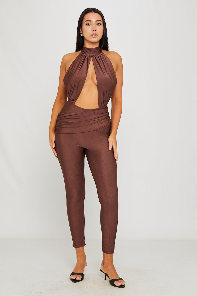 Brown Halter Neck Cut Out Detail Sleeveless Jumpsuit