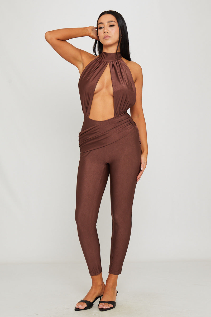 Brown Halter Neck Cut Out Detail Sleeveless Jumpsuit