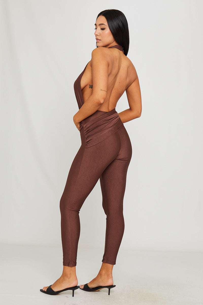 Brown Halter Neck Cut Out Detail Sleeveless Jumpsuit