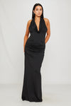 Black Halter Neck Open Back Mesh Detail Maxi Dress