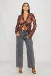 Leopard Print Sheer Ruffle Detail Tie Front Top