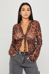Leopard Print Sheer Ruffle Detail Tie Front Top