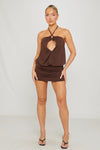 Brown Halter Keyhole Cut Out Mini Dress