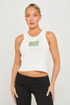 White/Green Logo Embellished Ribbed Tank Top