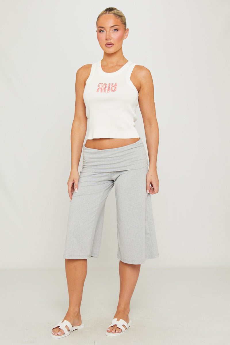 Light Grey Fold Over Wide Leg Capri Leggings