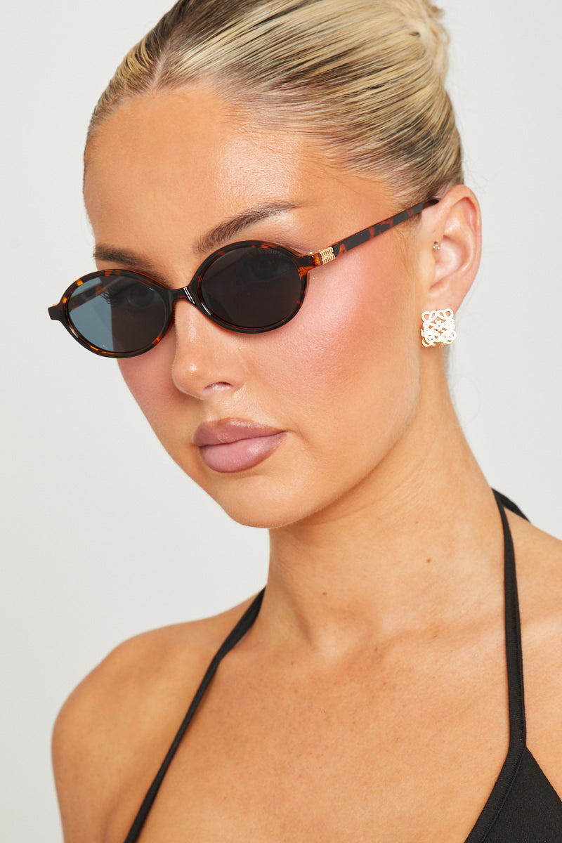 Brown Tortoise Logo Detail Oval Sunglasses