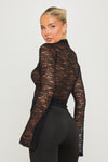 Black Sheer Lace High Neck Keyhole Detail Top
