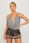 Brown Faux Leather Fur Trim Shorts