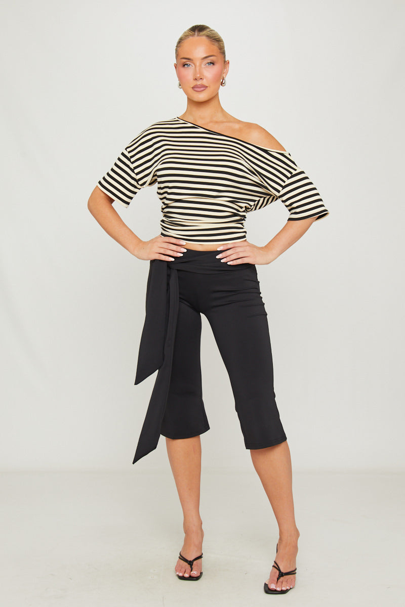 Cream Asymmetric Striped One Shoulder Top