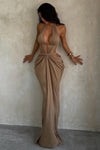 Taupe Pleated Cut Out Halter Maxi Dress