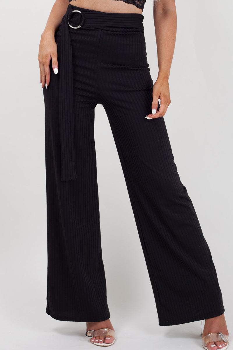 Black Ring Belted Ribbed Wide Leg Trousers