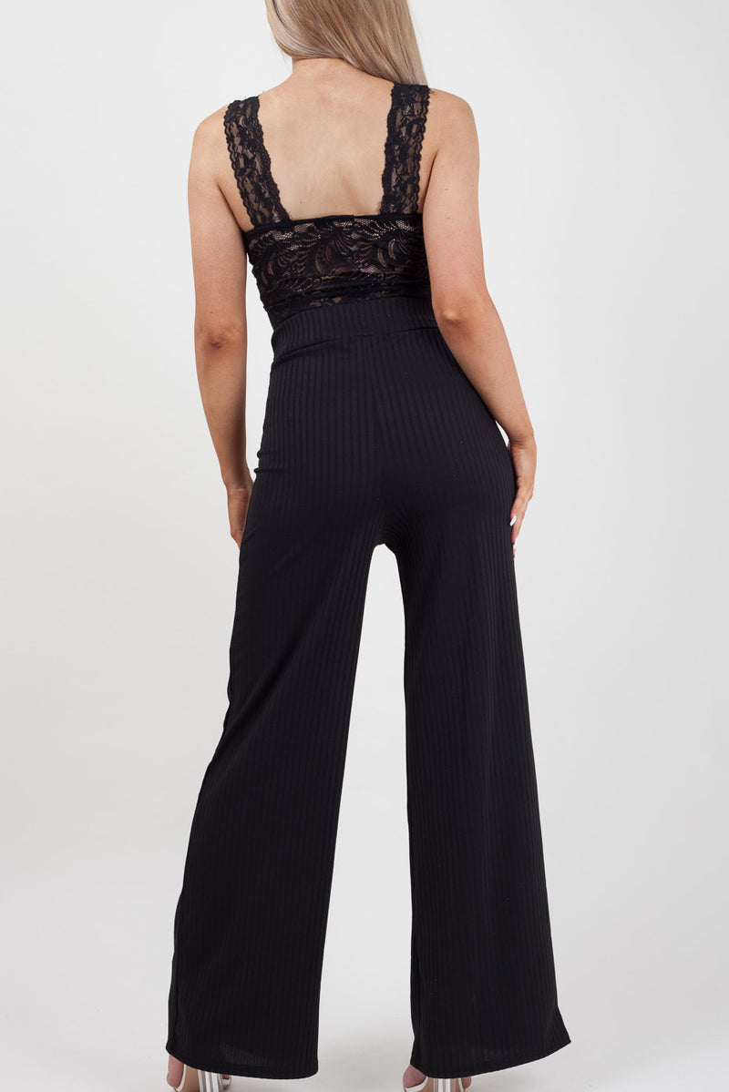 Black Ring Belted Ribbed Wide Leg Trousers