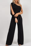 Black One Shoulder Split Sleeve Jumpsuit