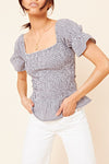 Navy Gingham Shirred Peplum Top