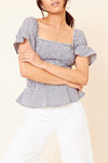 Navy Gingham Shirred Peplum Top