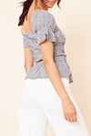 Navy Gingham Shirred Peplum Top