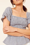 Navy Gingham Shirred Peplum Top