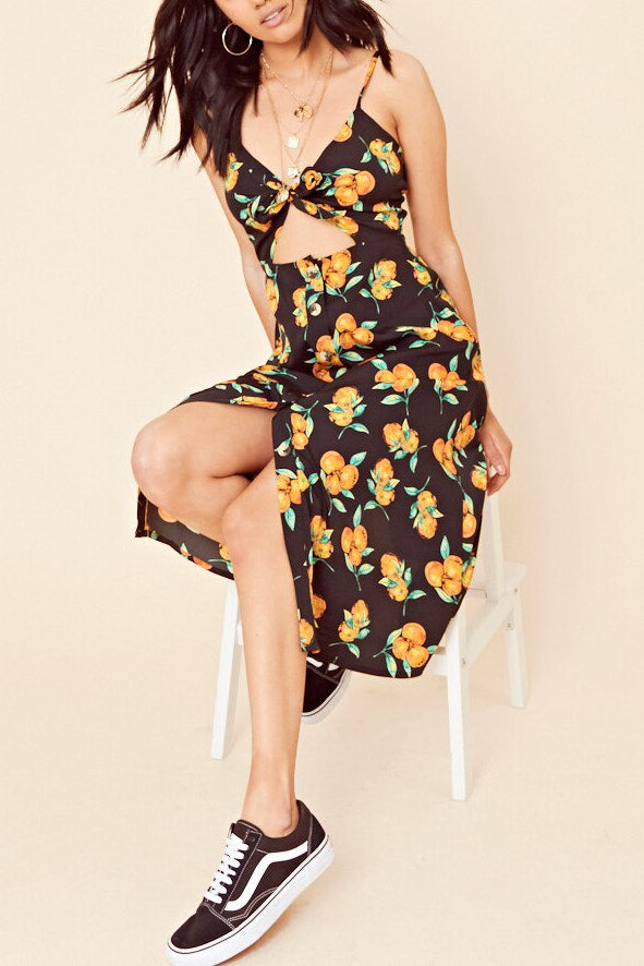 Black Orange Print Tie Front Cut Out Midi Dress