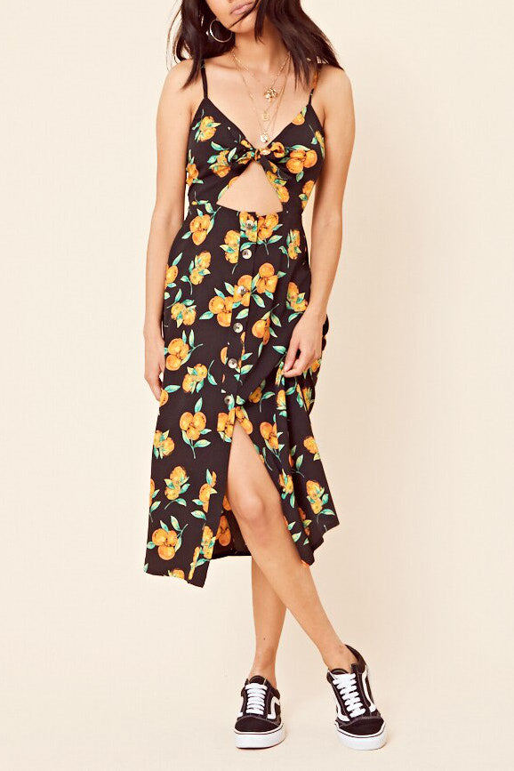 Black Orange Print Tie Front Cut Out Midi Dress
