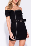 Black Bardot Zip Detail Belted Bodycon Mini Dress