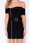 Black Bardot Zip Detail Belted Bodycon Mini Dress