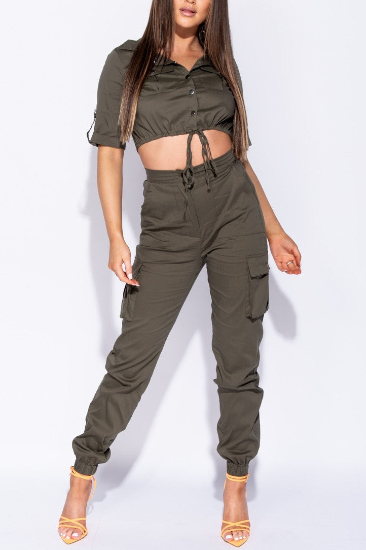 Khaki Utility Button Up Crop Top