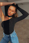 Black One Shoulder Cut Out Choker Bodysuit