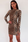 Leopard Print High Neck Long Sleeve Bodycon Mini Dress
