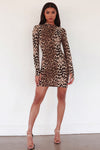Leopard Print High Neck Long Sleeve Bodycon Mini Dress