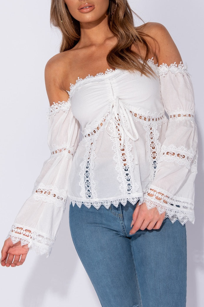 White Lace Trim Bardot Ruched Detail Top
