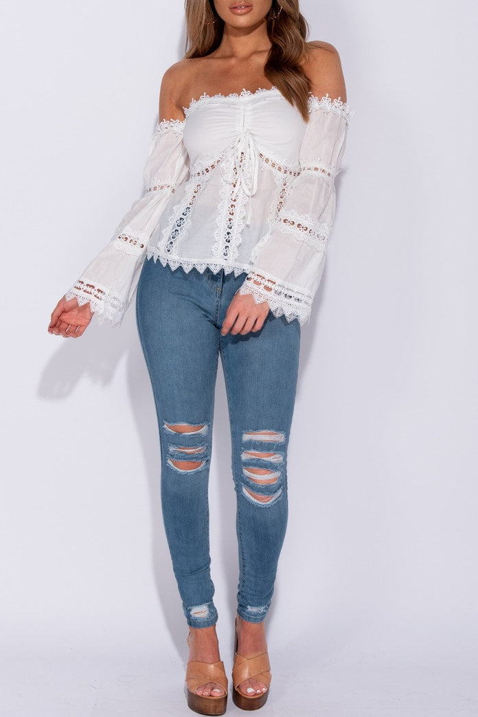 White Lace Trim Bardot Ruched Detail Top